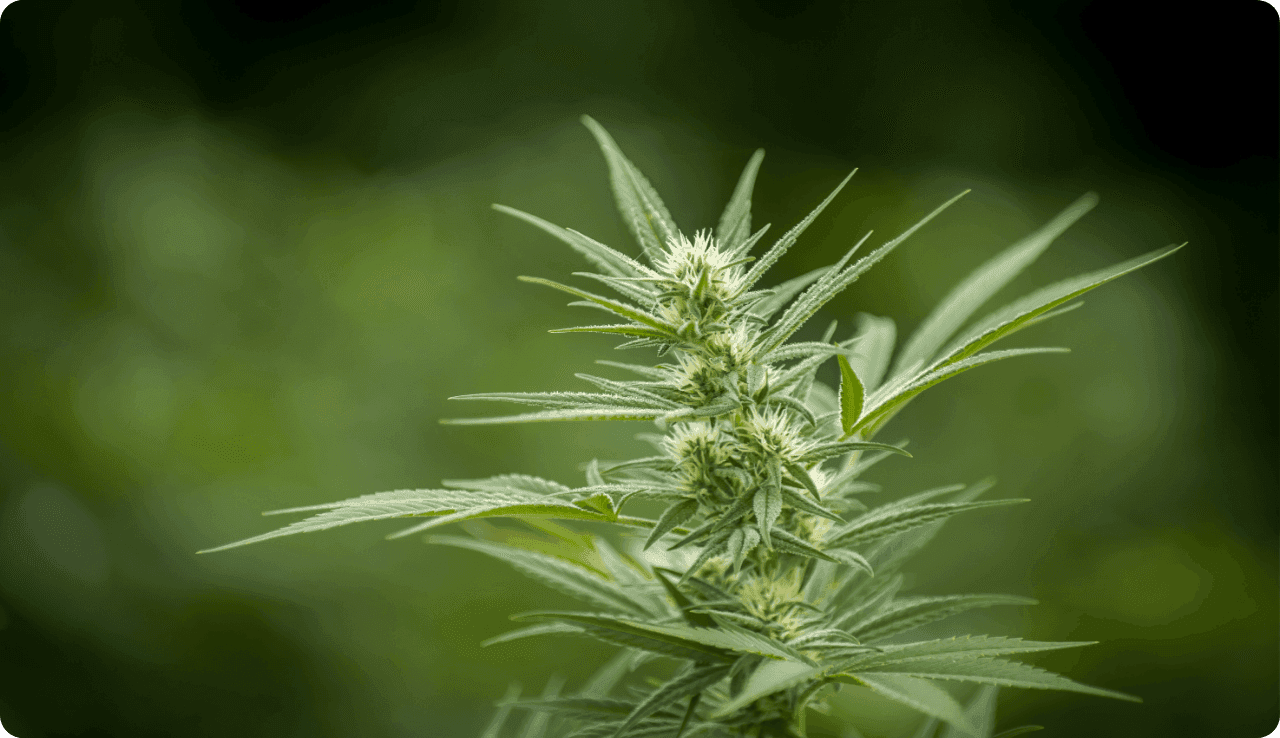 Nahaufnahme einer blühenden Cannabispflanze mit grünen Blättern.